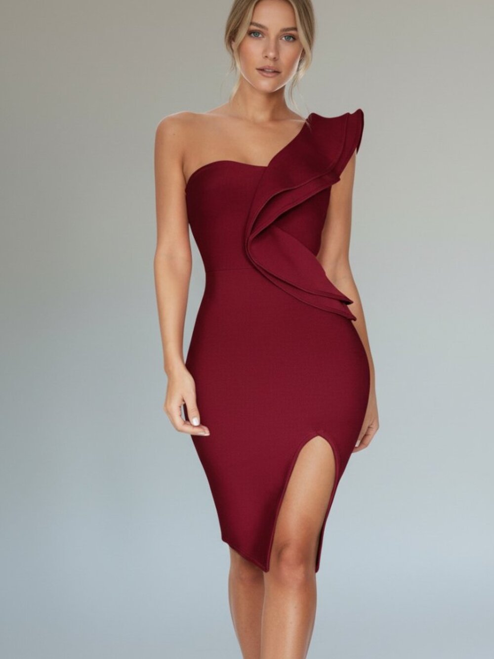 Wine Red Ruffle One Shoulder High Thigh Slit Burgundy Bandage Midi Dress Size M